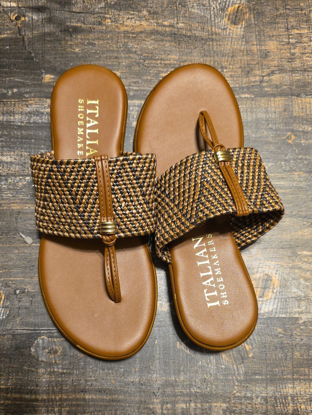 Italian Shoemakers Tan & Black Woven Toe-Post Slide Sandals